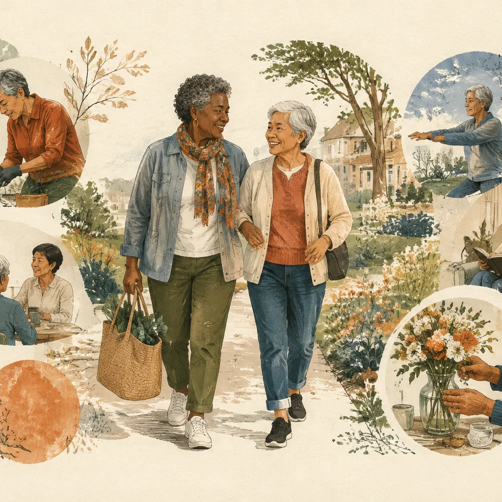 Illustration of two older adults walking together through a garden