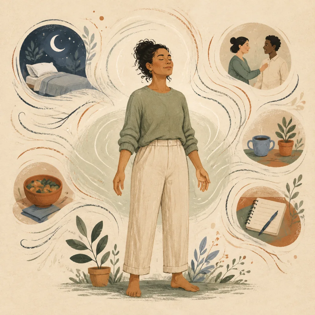 Illustration of a person using a quiet self-care routine to manage stress