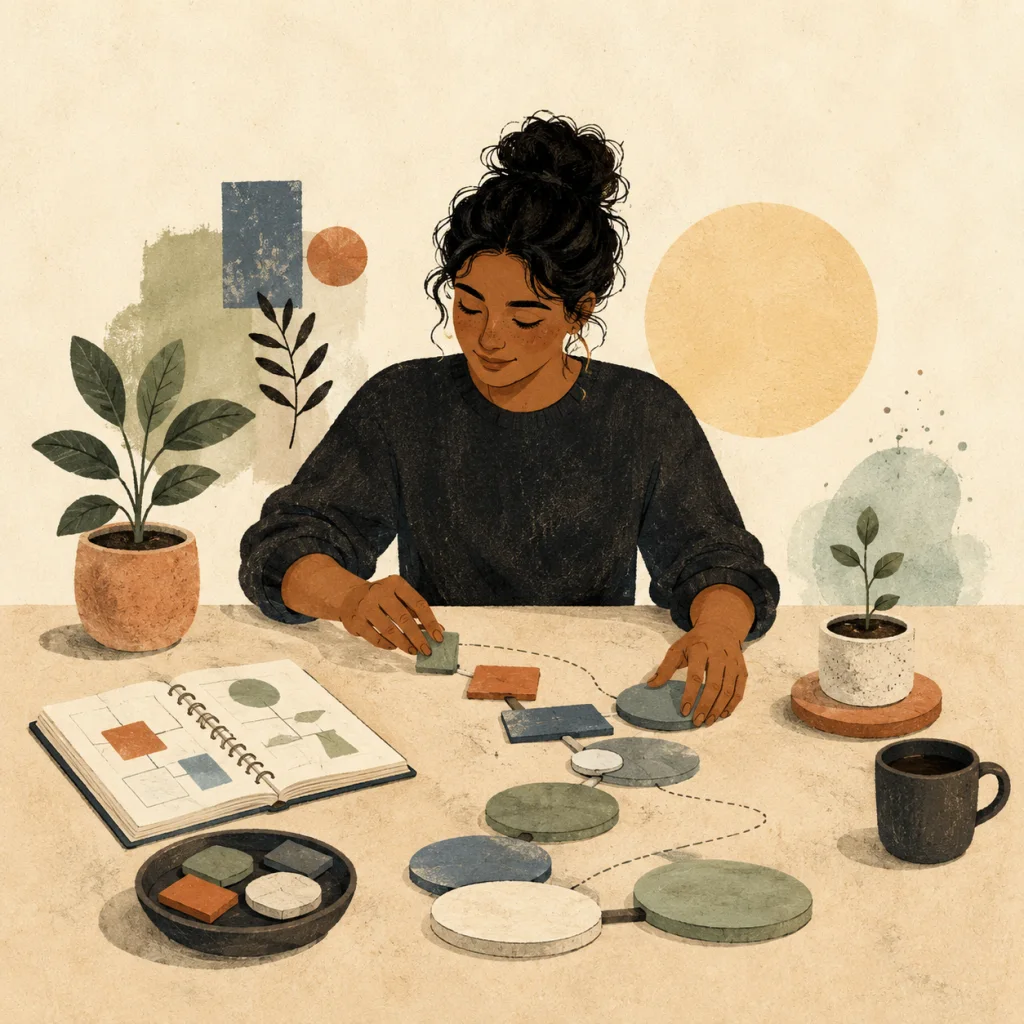 Illustration of a person planning and arranging materials for a daily habit