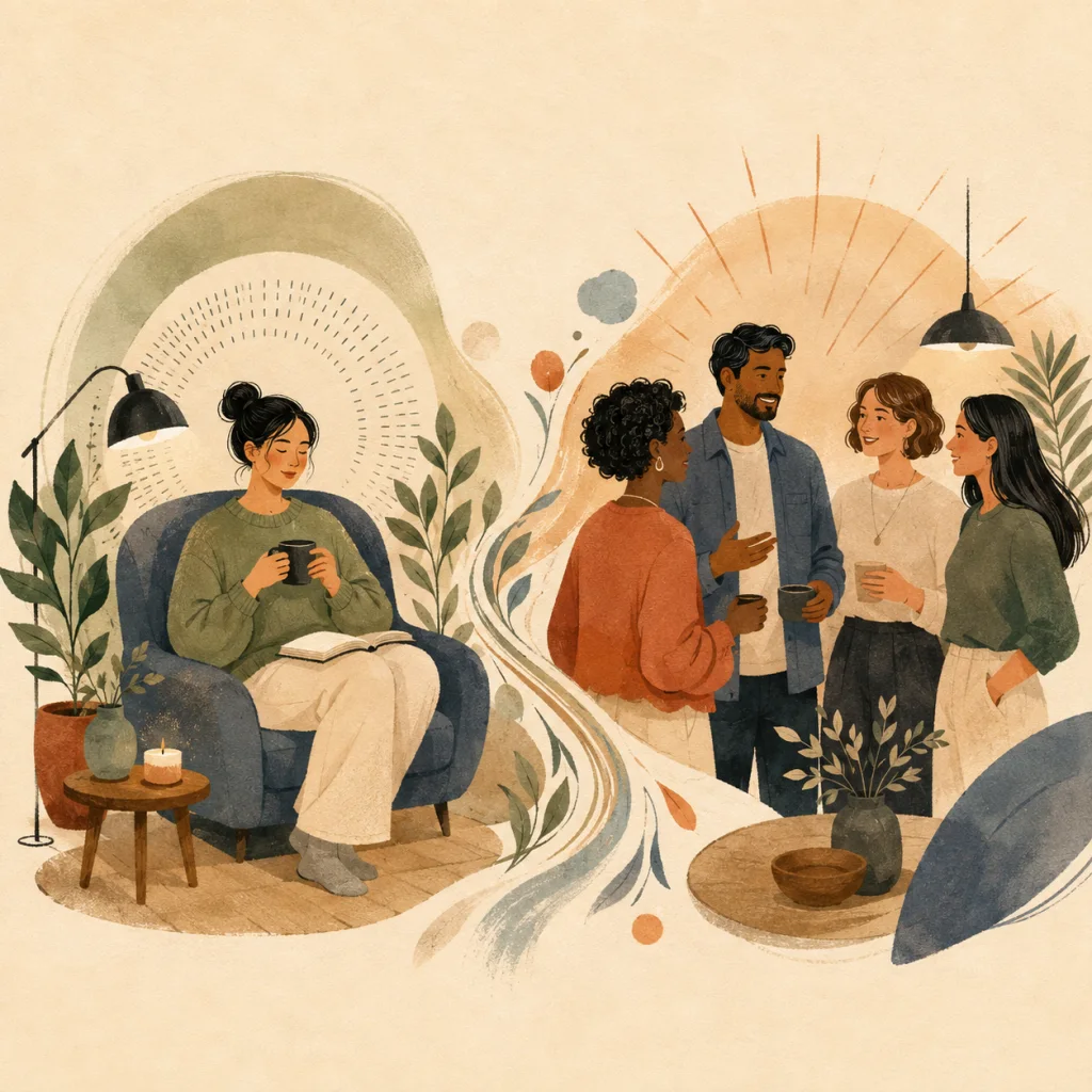 Illustration contrasting quiet reflection with lively social interaction