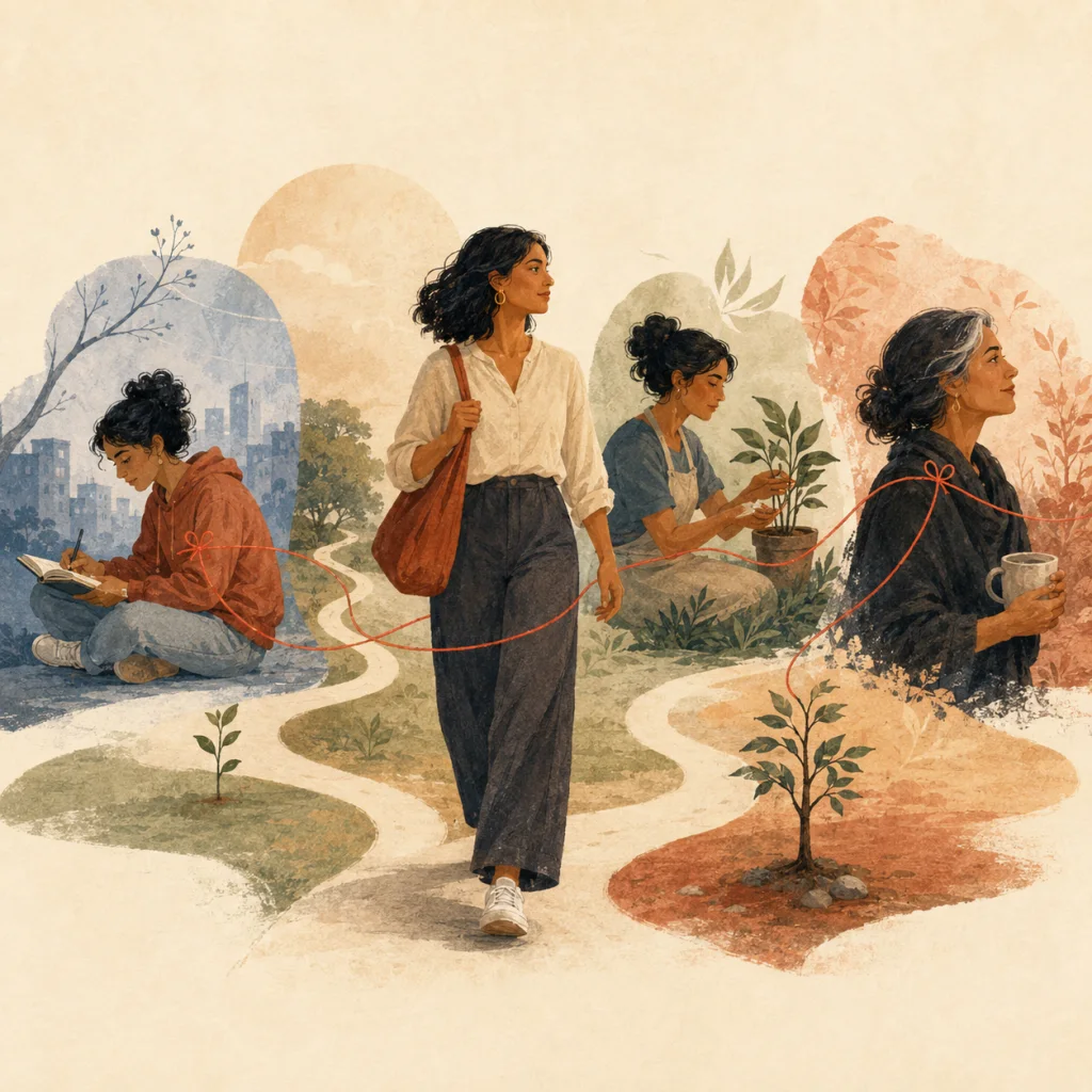 Illustration of adults walking along branching paths through different life stages